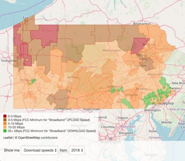A screenshot of the Penn State study's live result map shows that only a fraction of the state meets the F.C.C.'s standard for high-speed broadband internet. (Min Xian/WPSU)