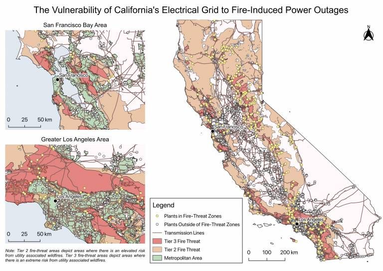 Map of Vulnerability of California’s Electrical Grid to Fire Induced Power Outages. Photo by Mila St