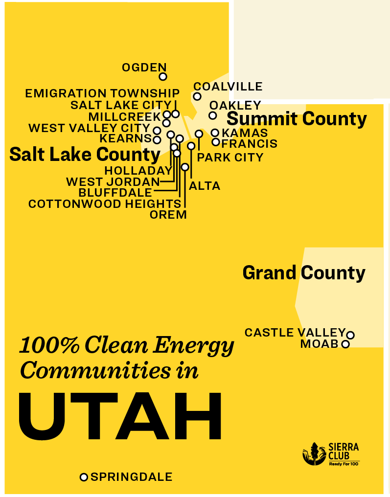 An image of Utah, displaying the counties which are on track to 100^ renewable energy