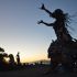 Image of a wood and metal sculpture against a sunset at the Albany Bulb.